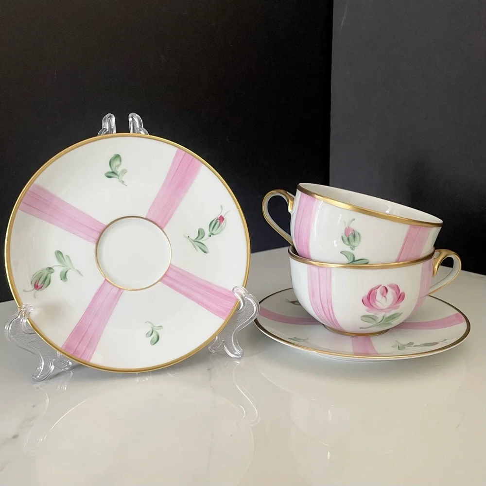 SET of 2 Pink Rose Cups & Saucers - Marie Daage Limoges